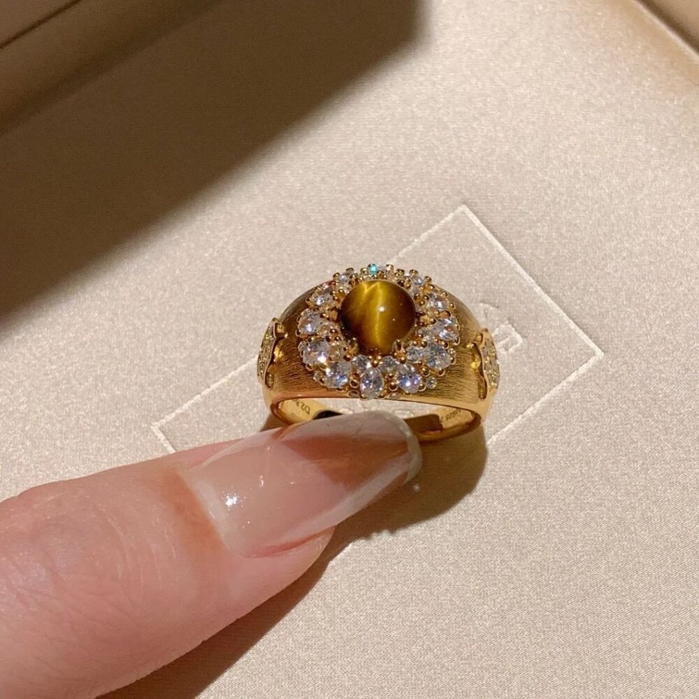 Women’s Vintage Brushed Maillard-Style Tiger Eye Wide Adjustable Ring with Rhine